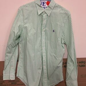 Mens Ralph Lauren Button‎ Down Long Sleeve Green White Checkered Shirt